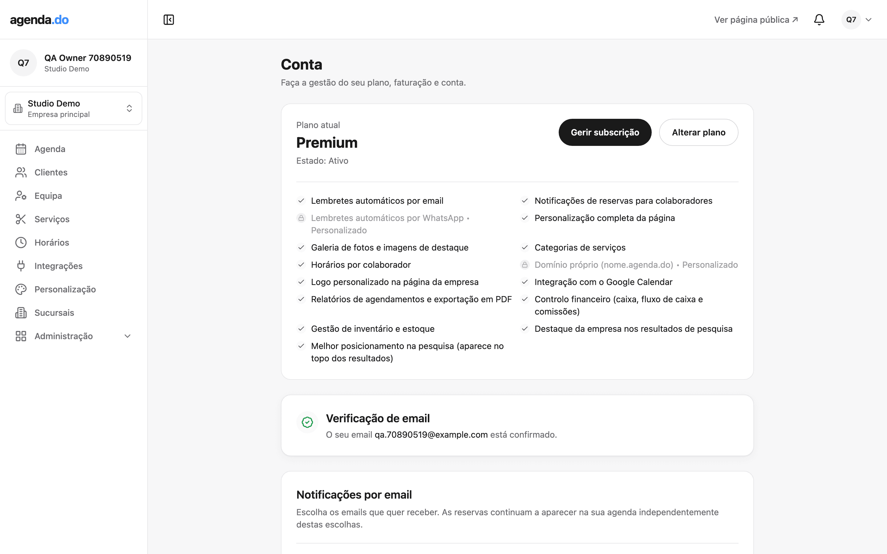 Gestão do plano e da conta na agenda.do.