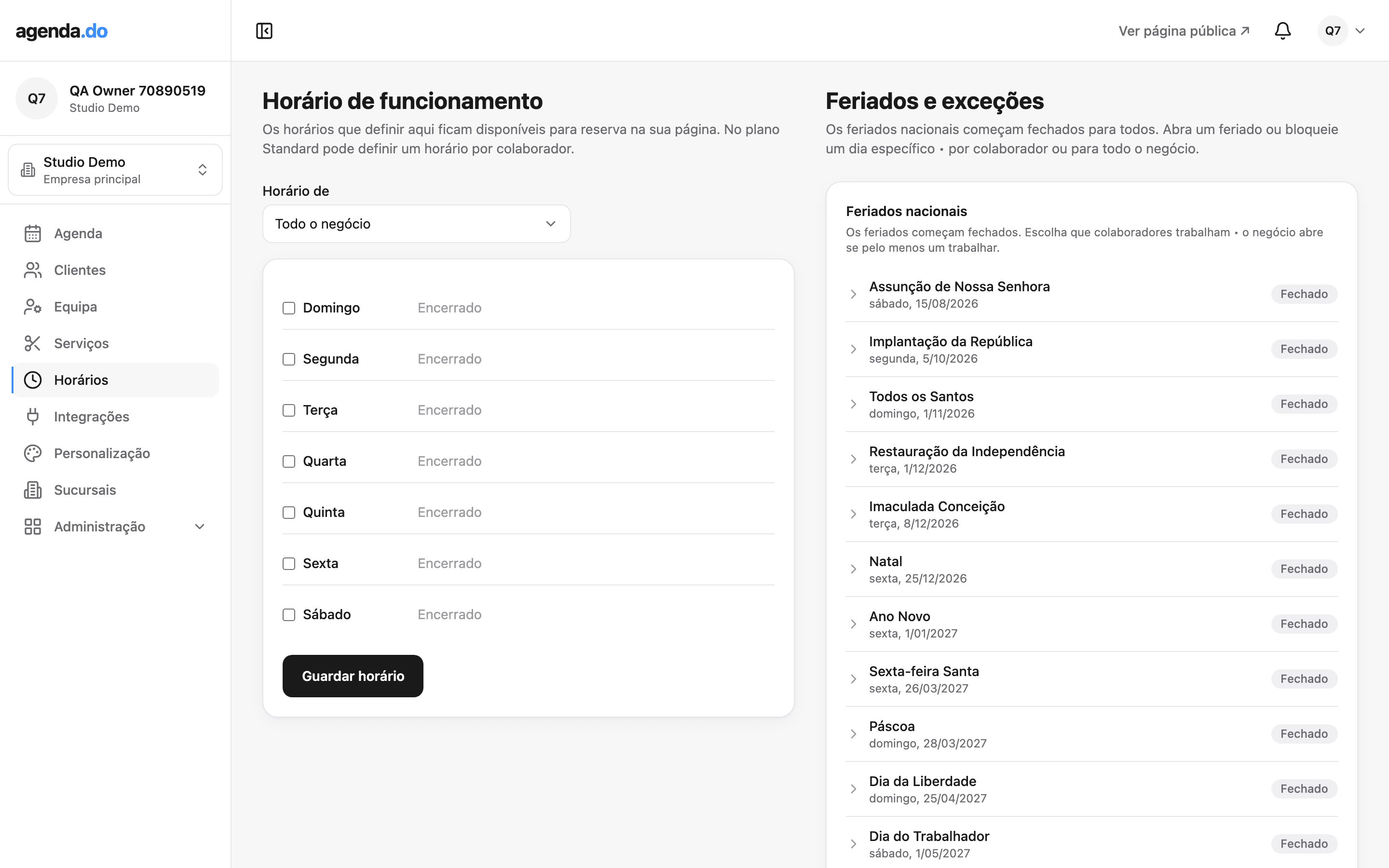 Definição do horário de funcionamento na área de gestão da agenda.do.