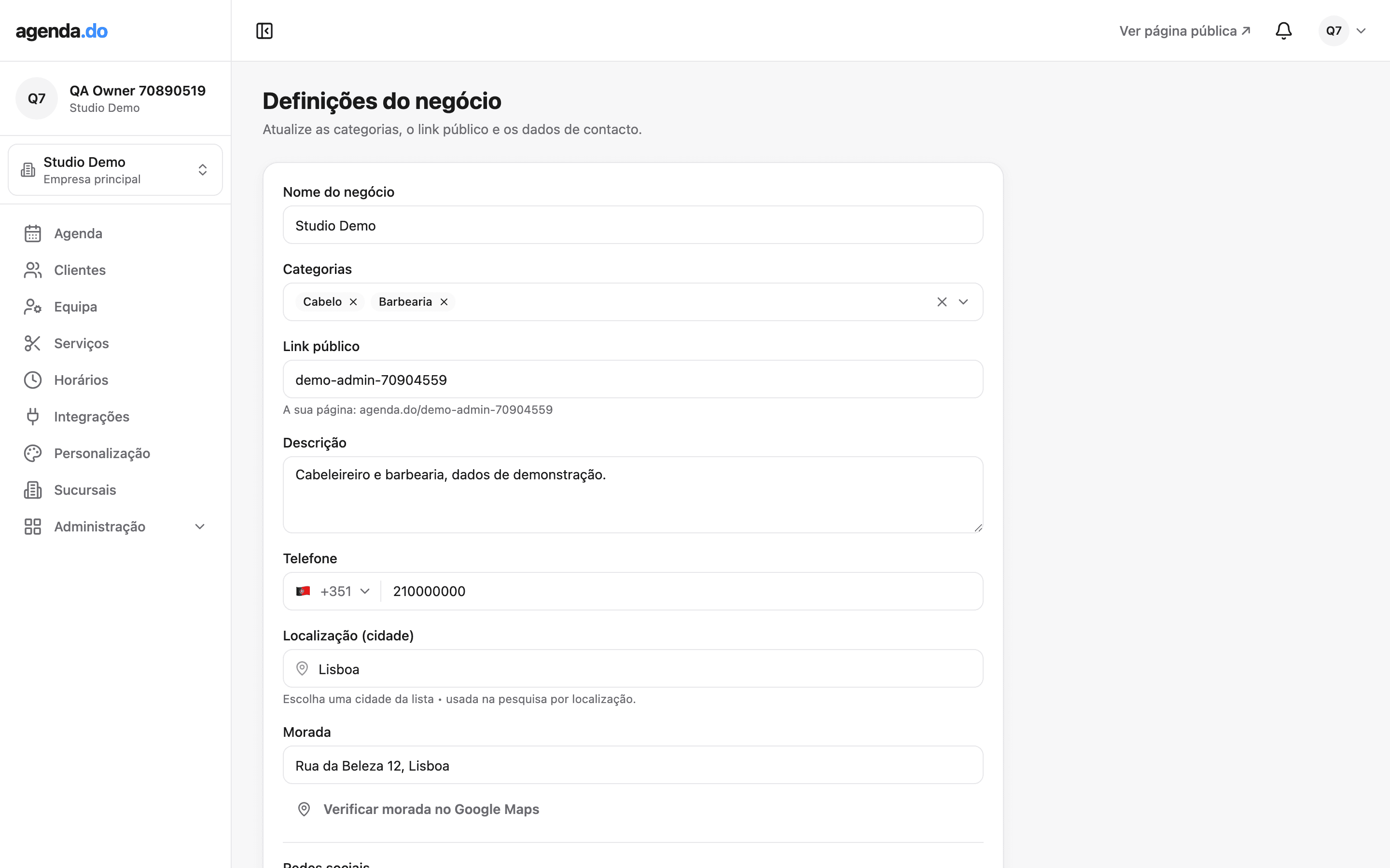 Definições do negócio na agenda.do.